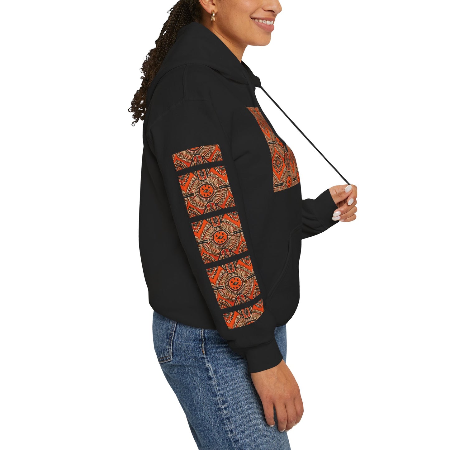 Tribal Sun Pattern Hoodie — Orange Aztec Sleeve & Chest Graphic