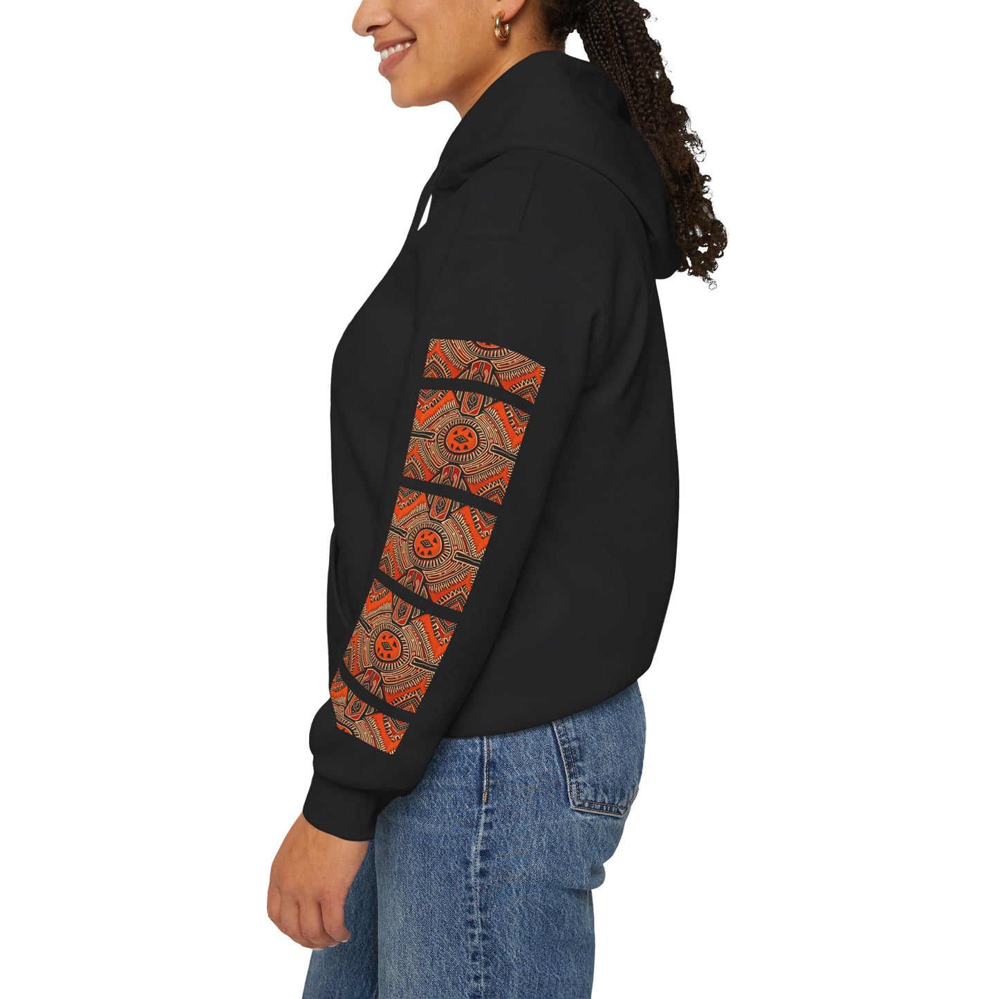 Tribal Sun Pattern Hoodie — Orange Aztec Sleeve & Chest Graphic