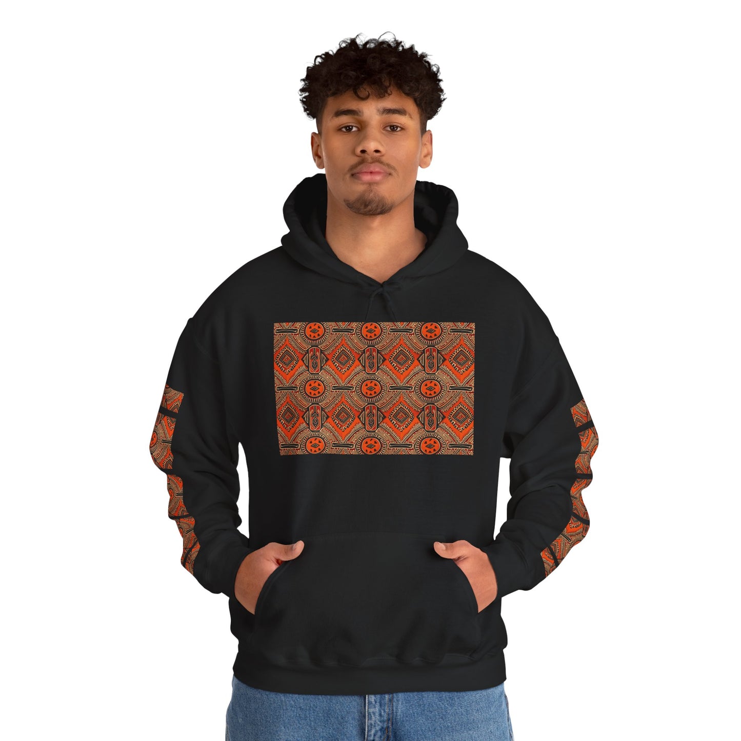 Tribal Sun Pattern Hoodie — Orange Aztec Sleeve & Chest Graphic