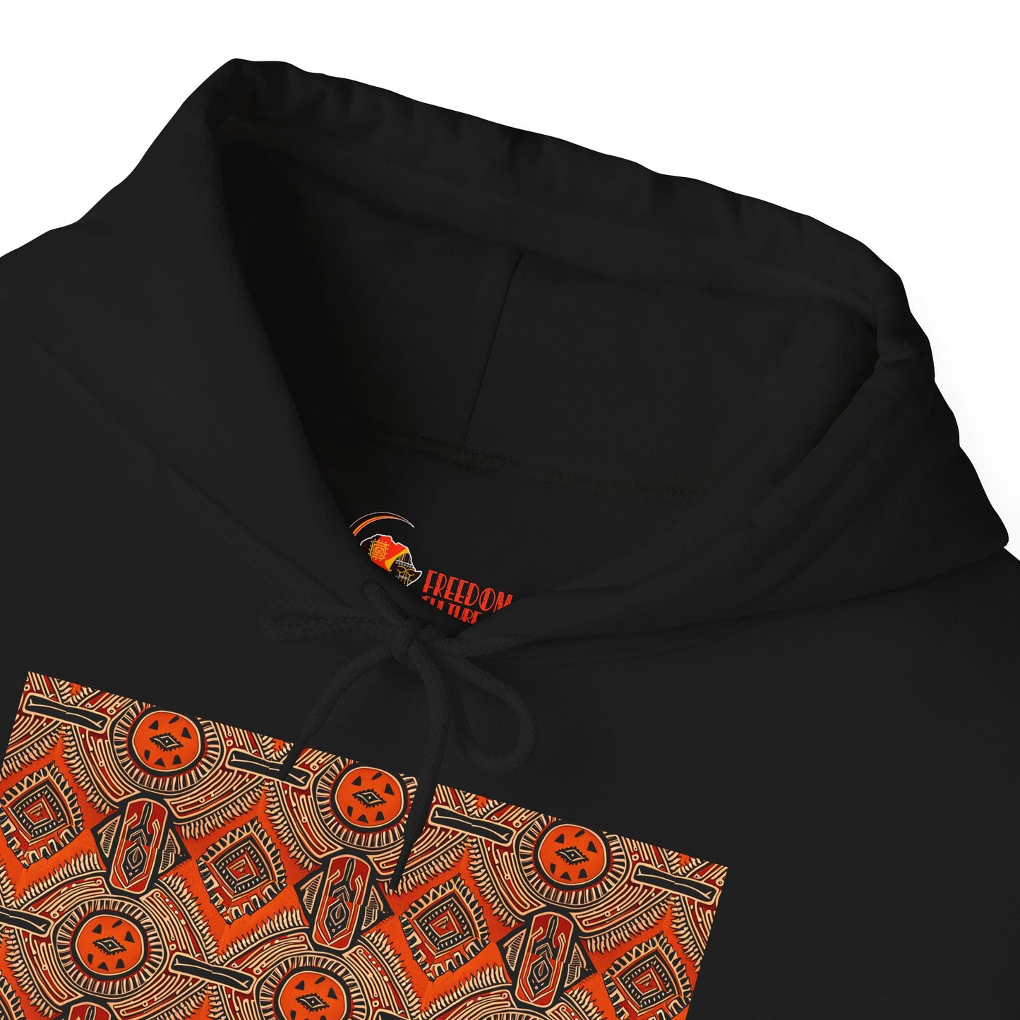 Tribal Sun Pattern Hoodie — Orange Aztec Sleeve & Chest Graphic