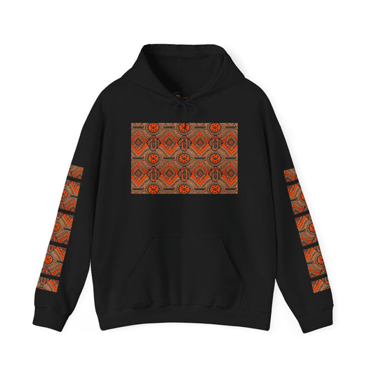 Tribal Sun Pattern Hoodie — Orange Aztec Sleeve & Chest Graphic
