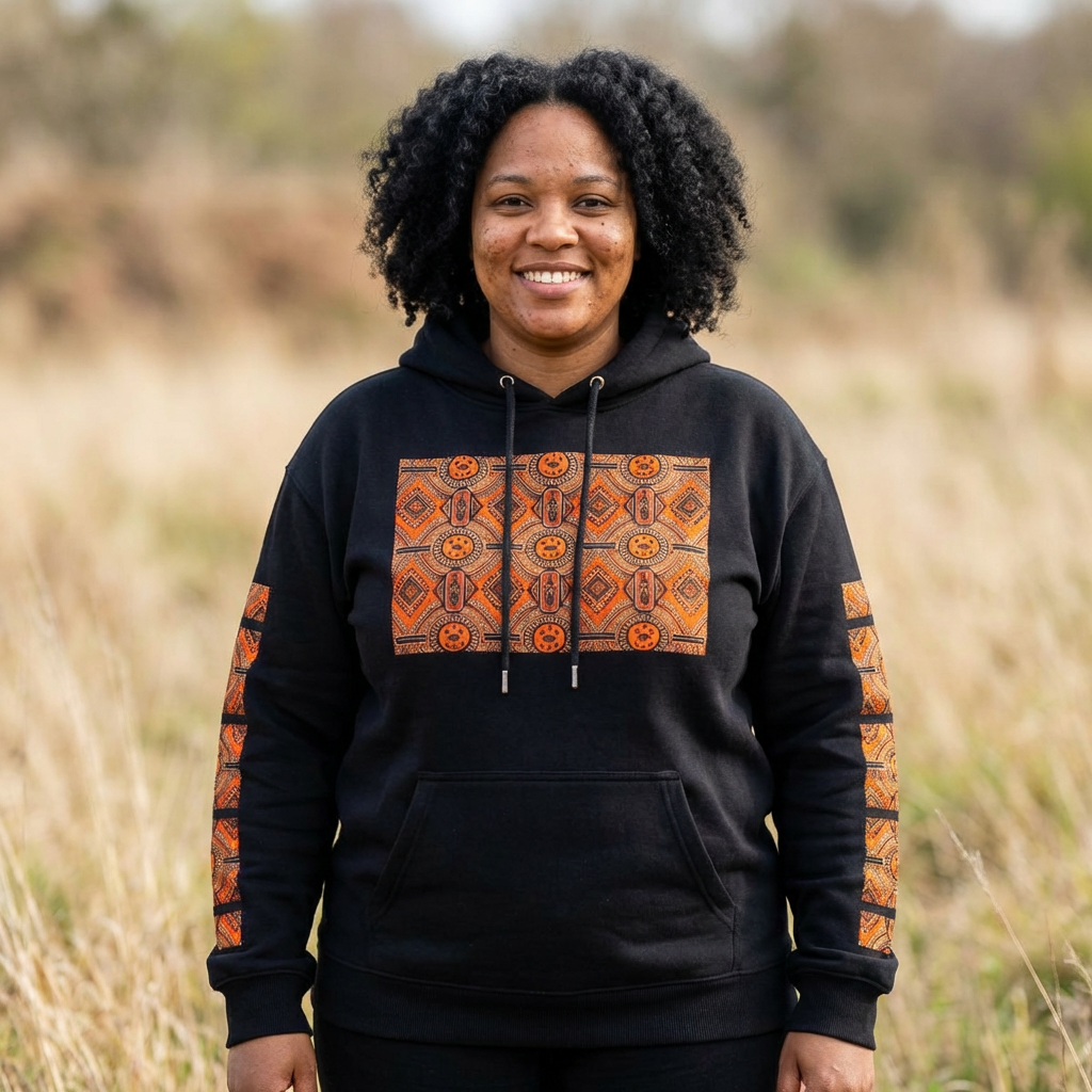 Tribal Sun Pattern Hoodie — Orange Aztec Sleeve & Chest Graphic
