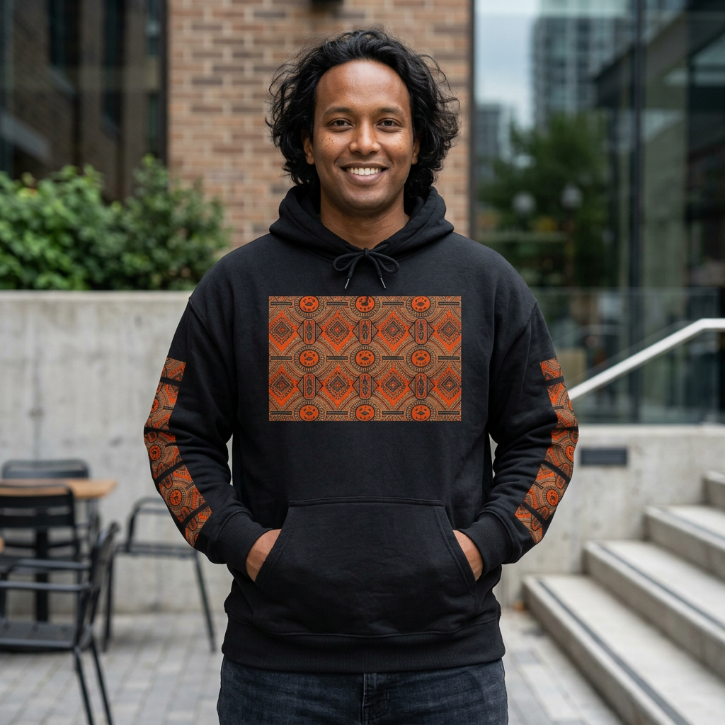 Tribal Sun Pattern Hoodie — Orange Aztec Sleeve & Chest Graphic