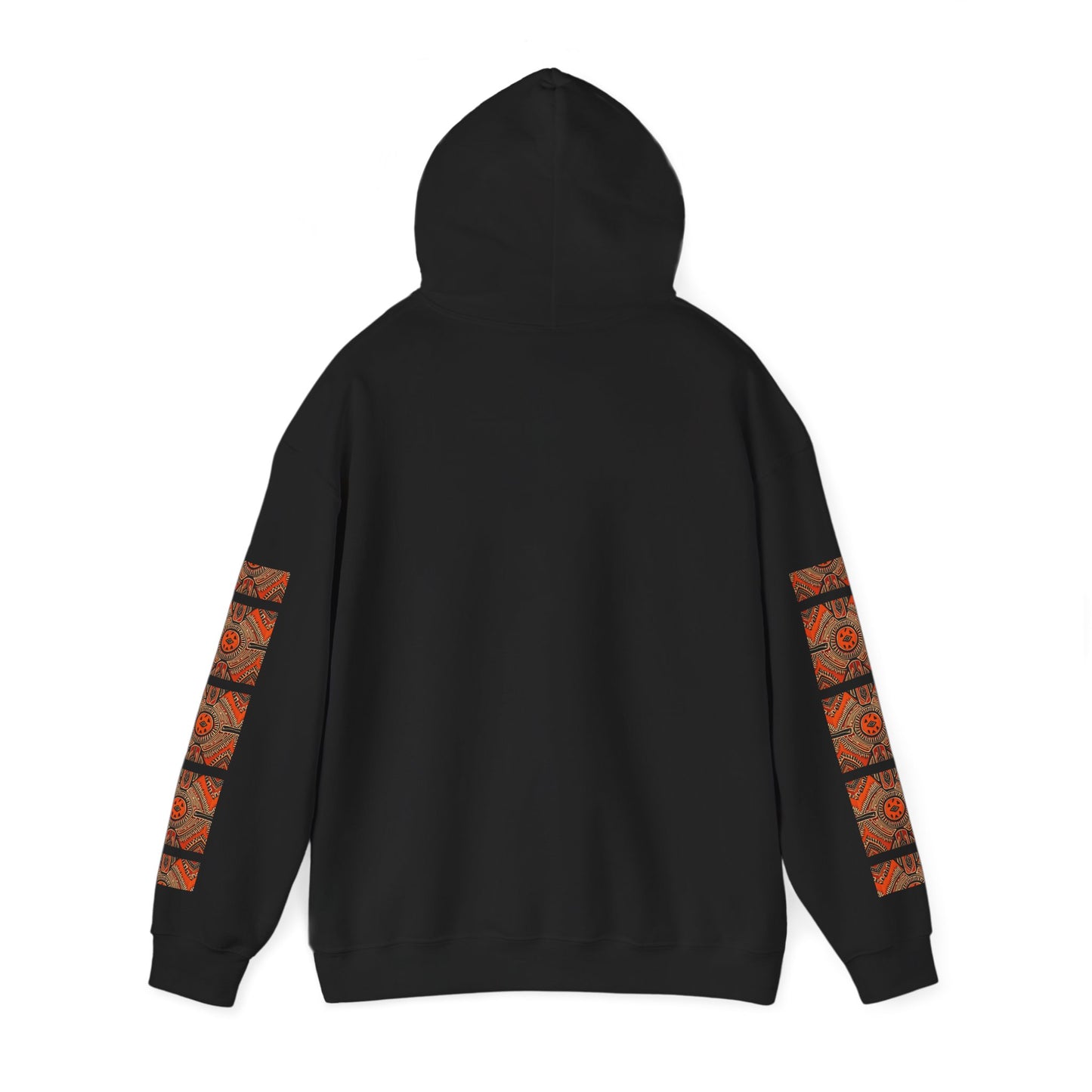 Tribal Sun Pattern Hoodie — Orange Aztec Sleeve & Chest Graphic