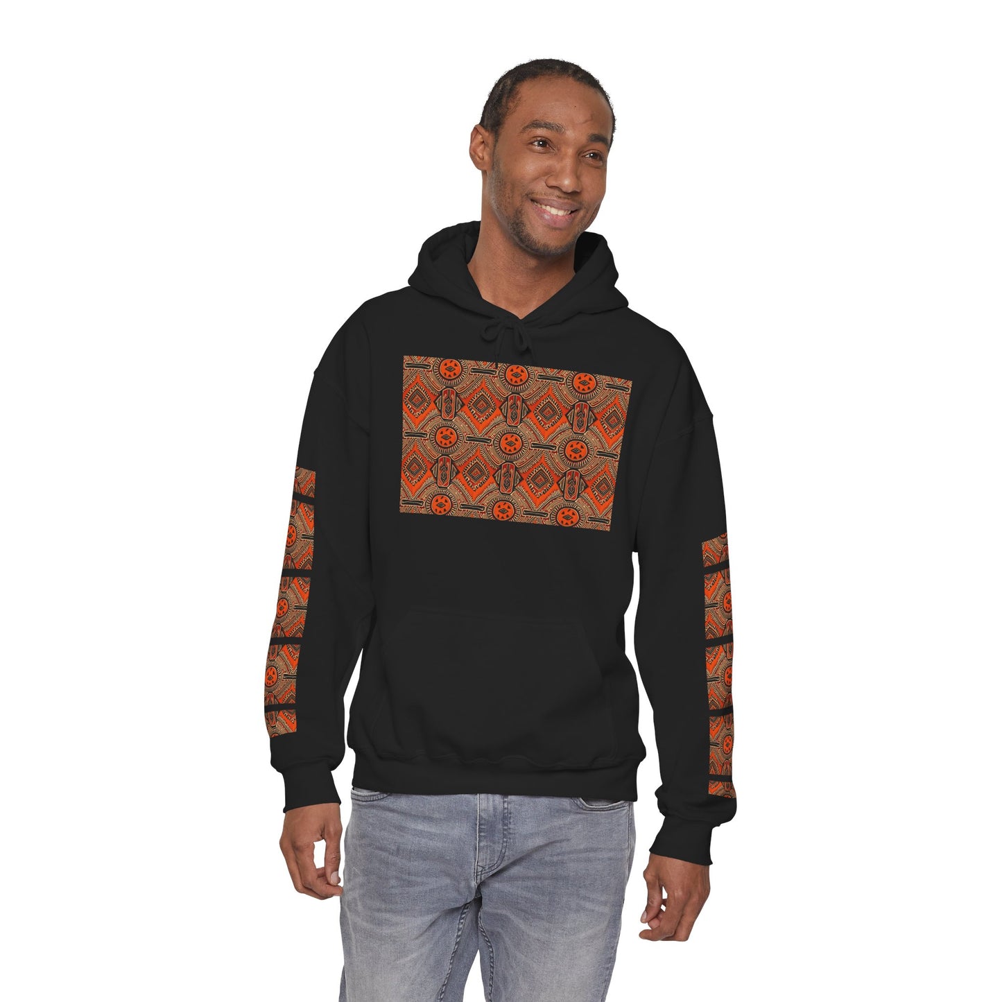 Tribal Sun Pattern Hoodie — Orange Aztec Sleeve & Chest Graphic