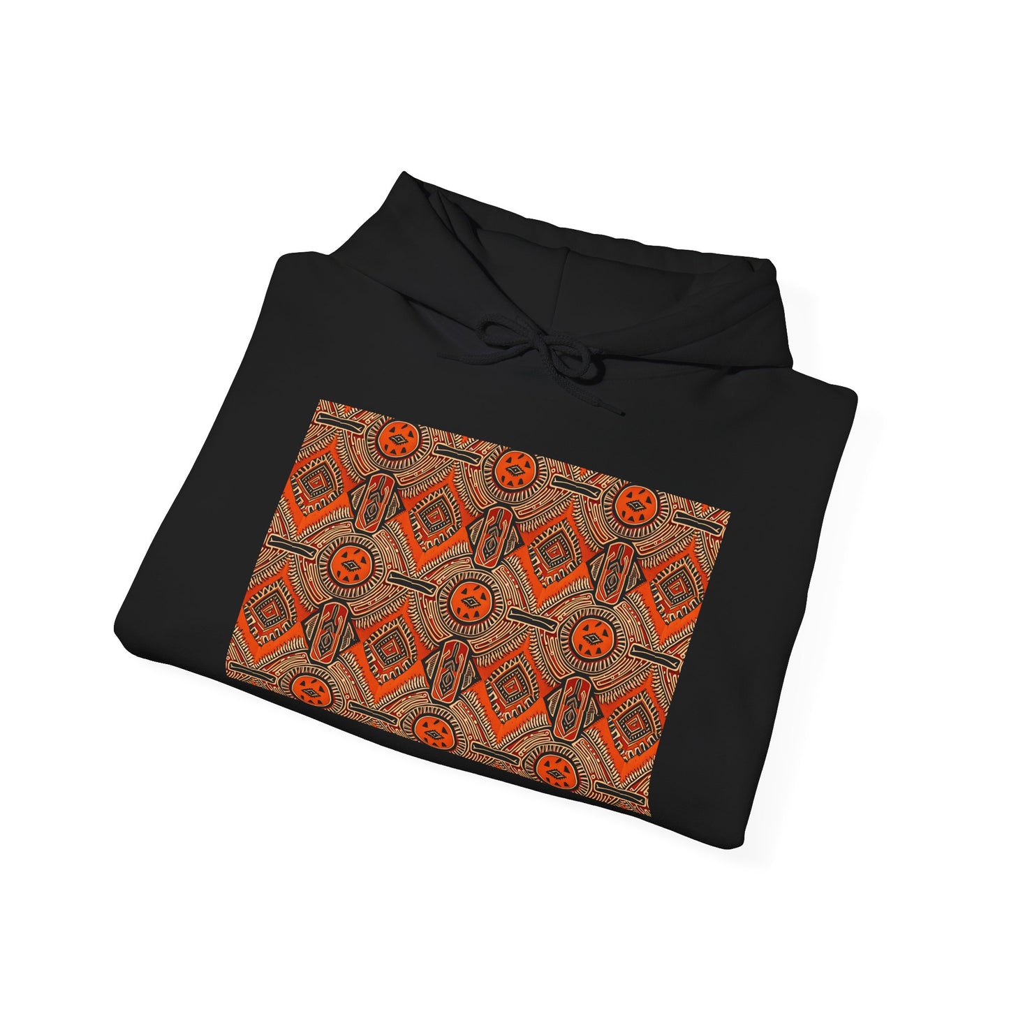 Tribal Sun Pattern Hoodie — Orange Aztec Sleeve & Chest Graphic