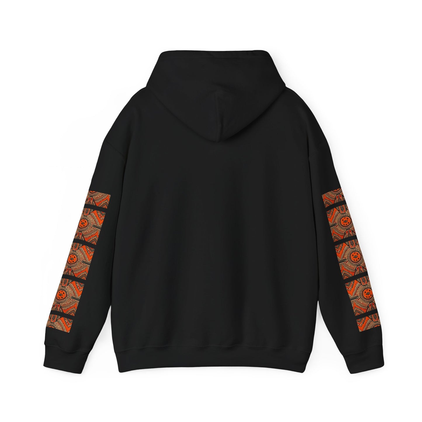 Tribal Sun Pattern Hoodie — Orange Aztec Sleeve & Chest Graphic